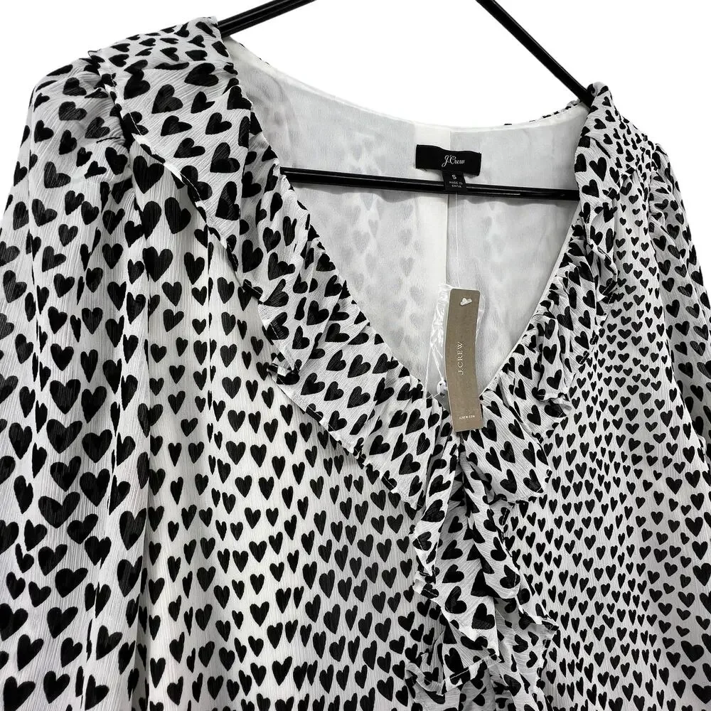 J Crew Size Small NEW Blouse Black Heart Print Valentines Day Ruffle Puff Sleeve